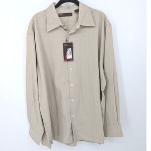 Perry Ellis America Button Down Mens XL Tan Plaid Long Sleeve Rayon Blend Office